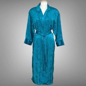 VTG‎ Victorias Secret Gold Label Womens Robe S Teal Blue Paisley Satin Wrap Tie
